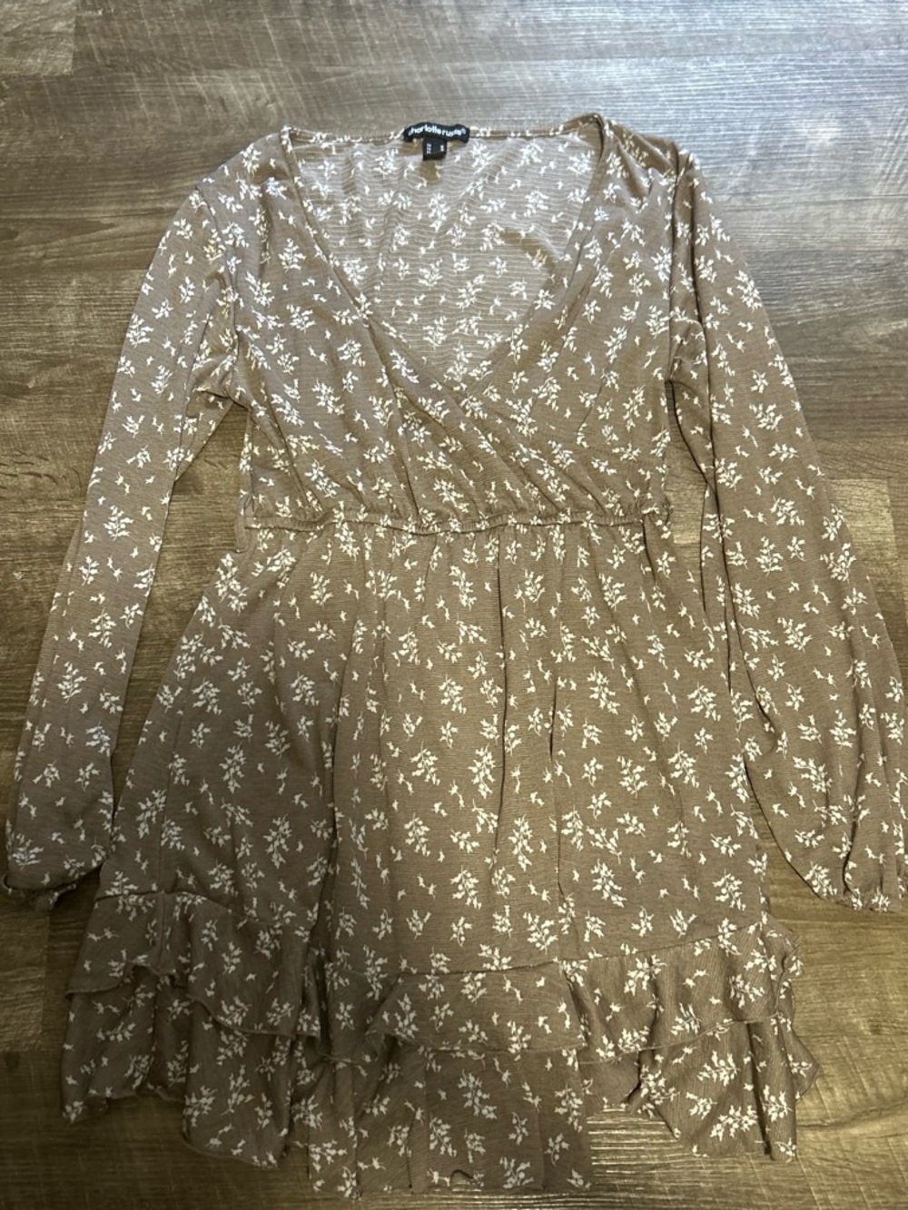 Charlotte Russe Taupe Floral Long-Sleeve Wrap Dress